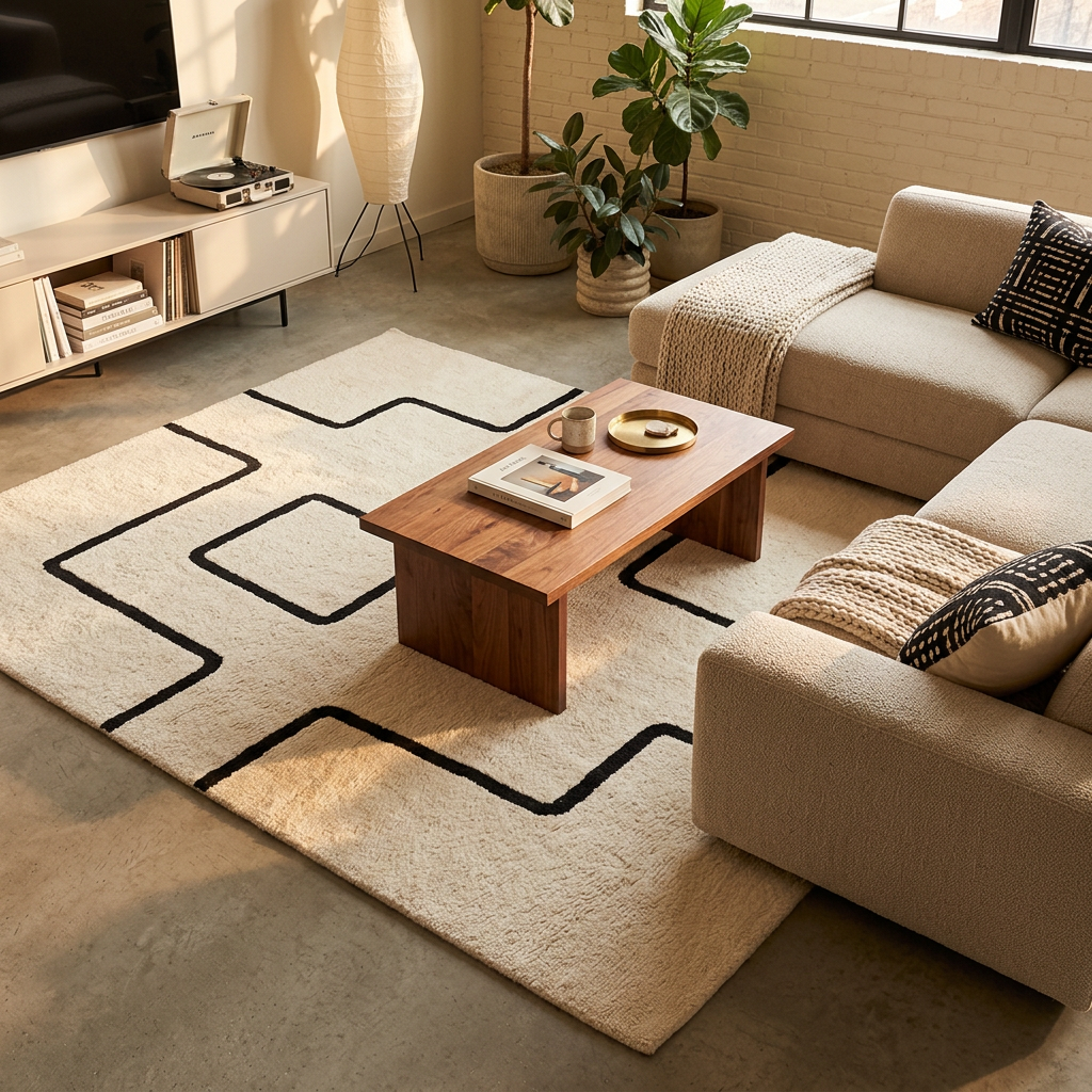 Tapis Nyons Caviar dans un salon moderne