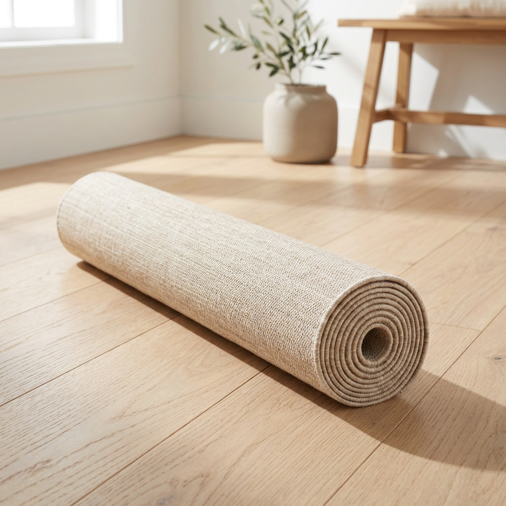 Tapis Oppède Naturel roulé, tissage plat fin sur parquet