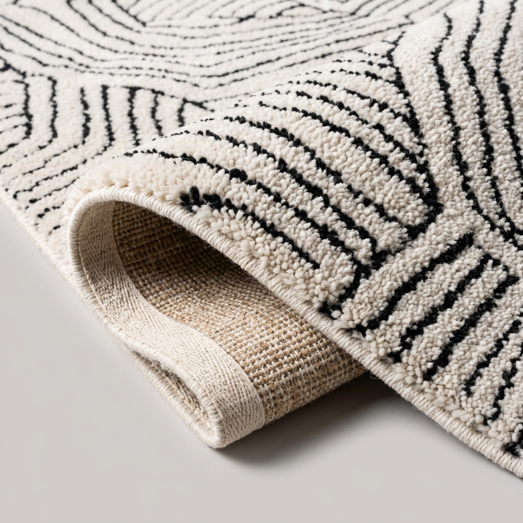 Angle et pli du tapis recyclé Fontvieille Neige - détail du tissage