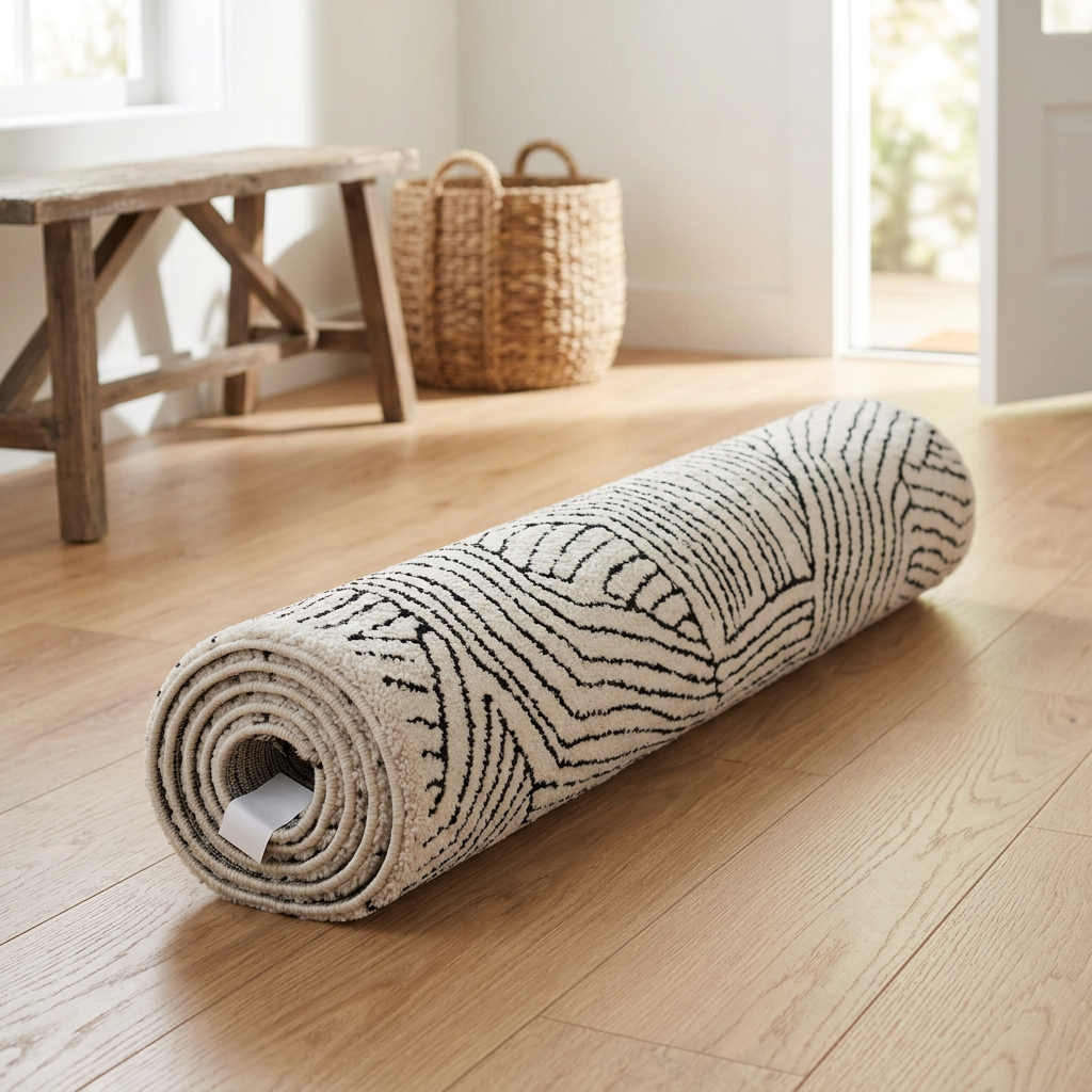 Tapis recyclé Fontvieille Neige roulé en situation dans une entrée