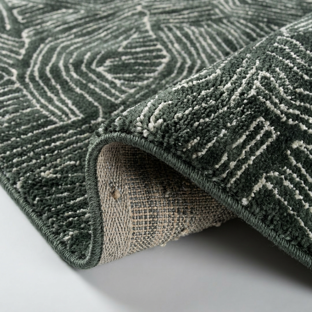 Angle et pli du tapis recyclé Fontvieille Thym - détail du tissage