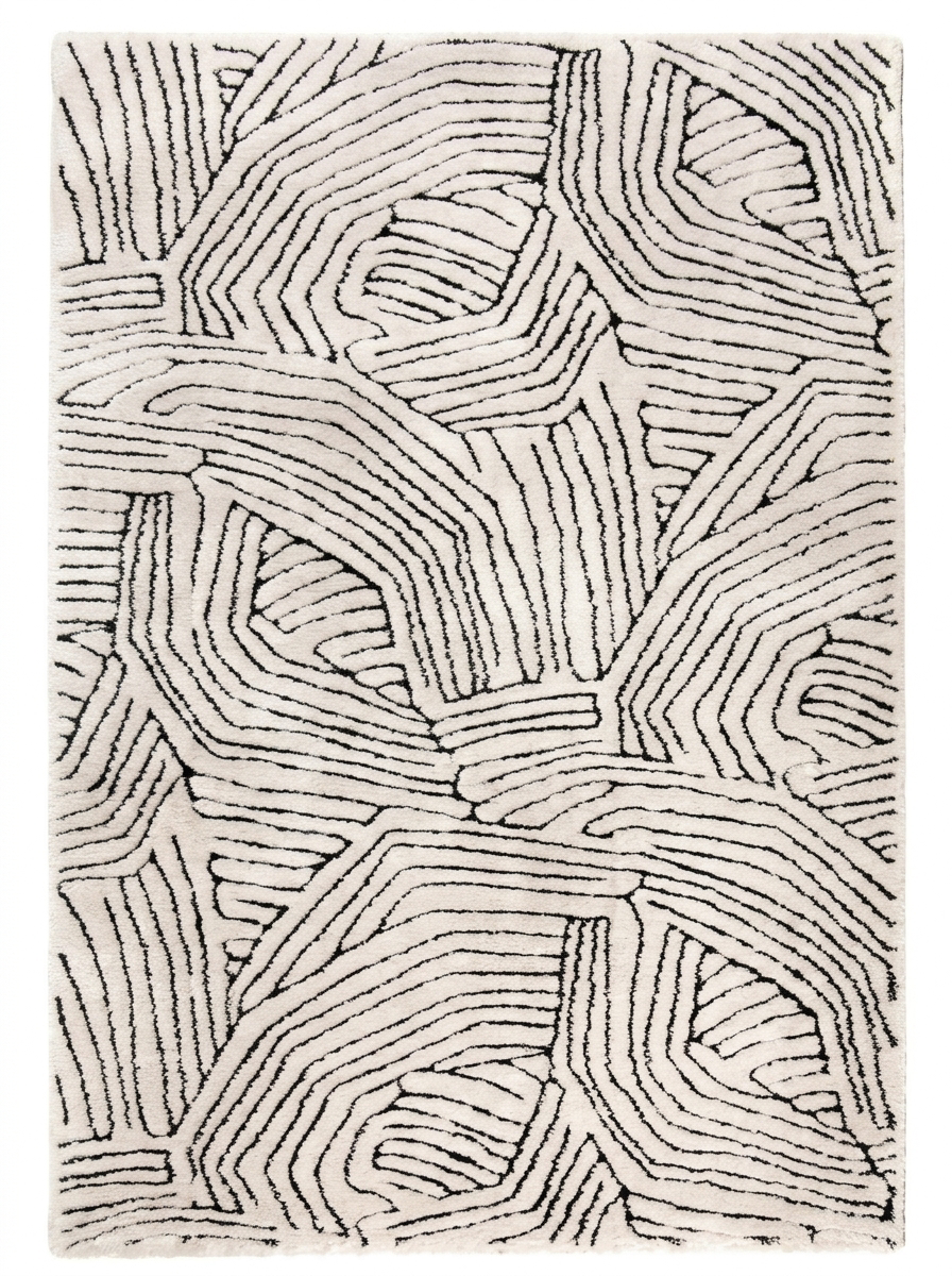 Tapis recyclé Fontvieille Neige - vue produit fond blanc, motif labyrinthe