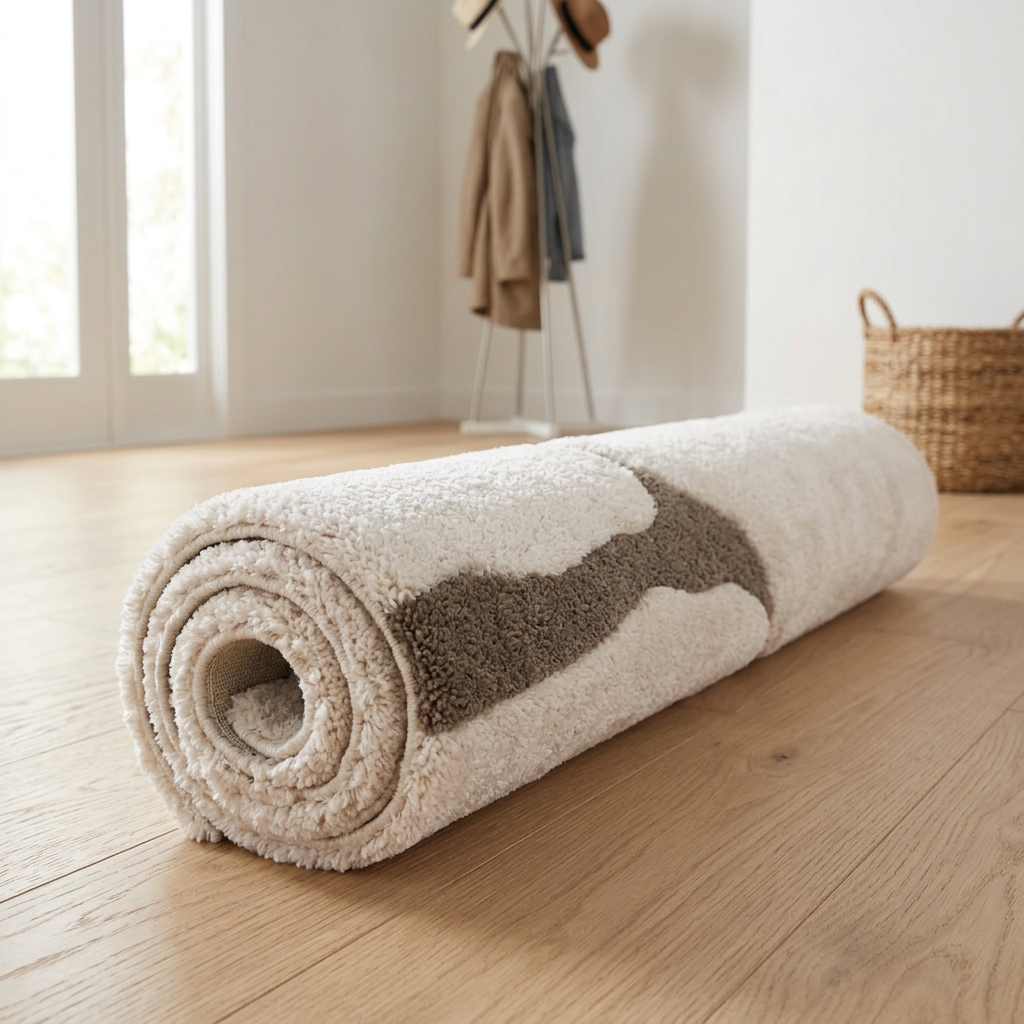Tapis recyclé Bonnieux Neige roulé en situation dans une entrée