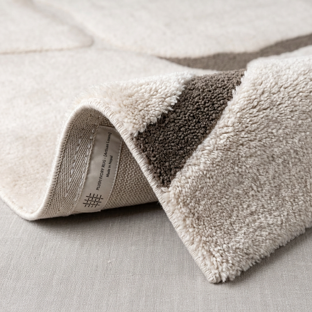 Angle et pli du tapis recyclé Bonnieux Neige - détail du tissage