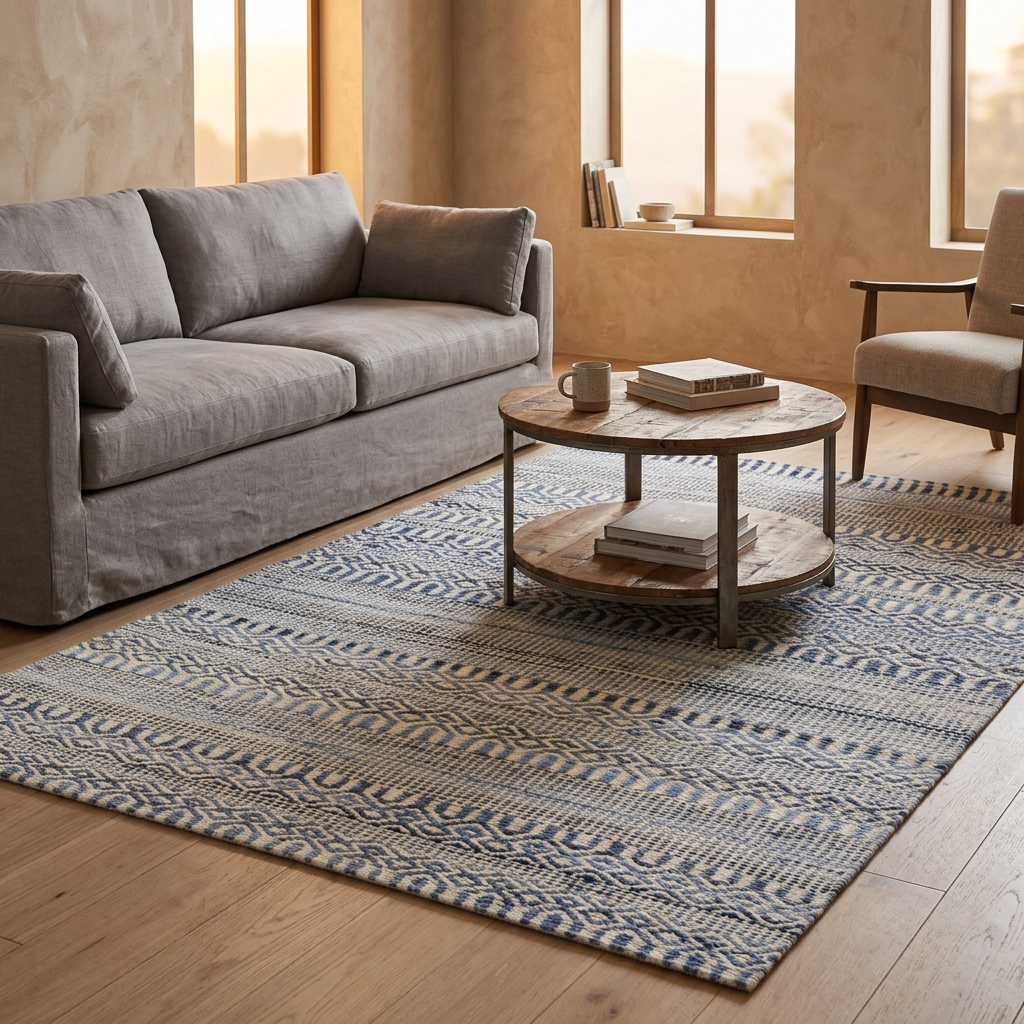 Tapis Lorgues Ivoire/bleu dans un salon chaleureux
