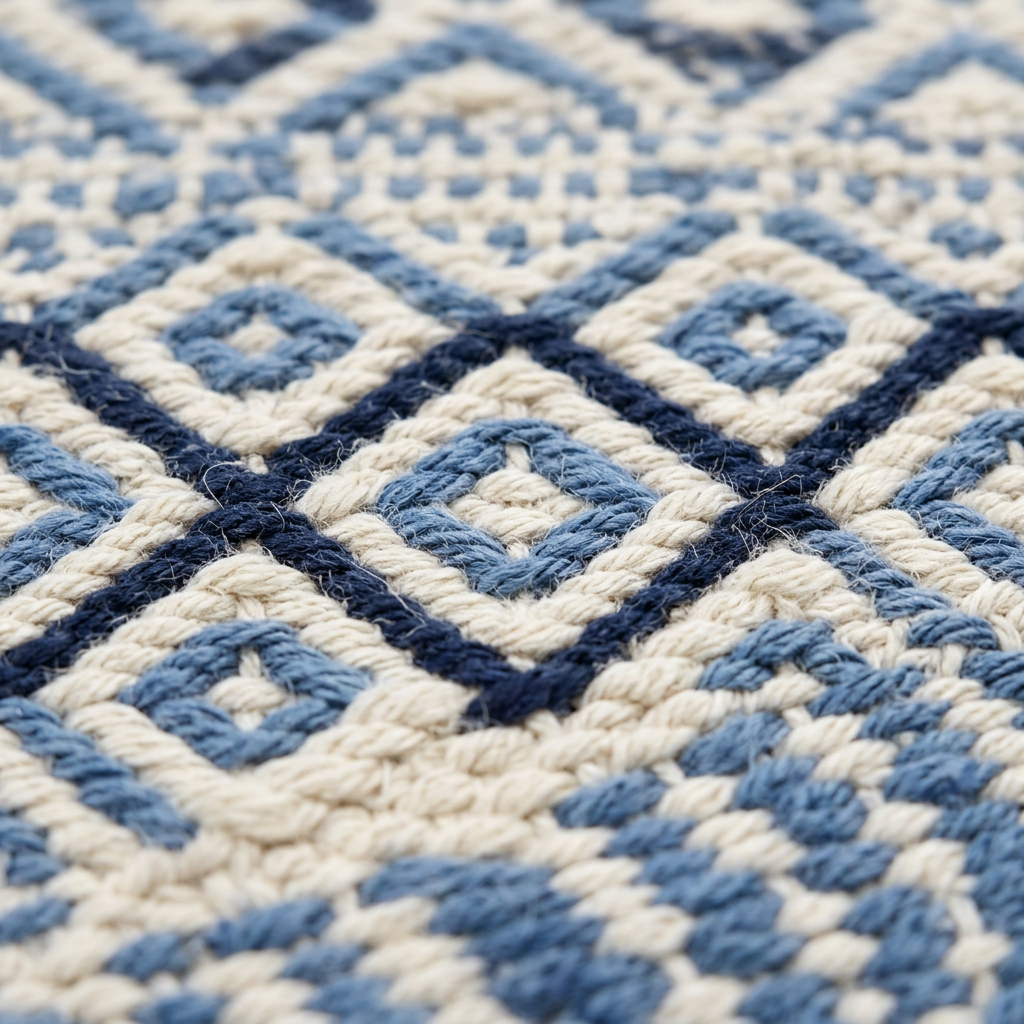 Zoom qualité du tissage du tapis Lorgues Ivoire/bleu