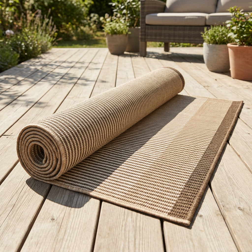 Tapis Menton Naturel roulé en situation sur une terrasse