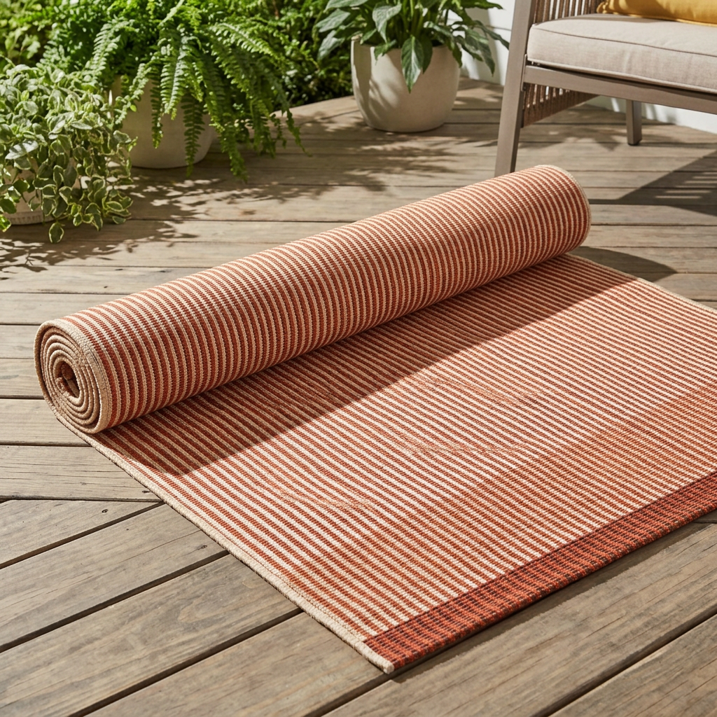 Tapis Menton Terracotta roulé en situation sur une terrasse