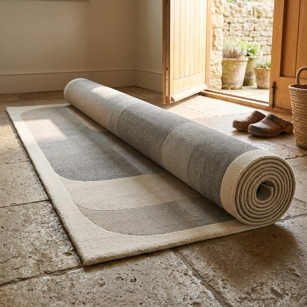 Tapis Gordes roulé en situation dans une entrée