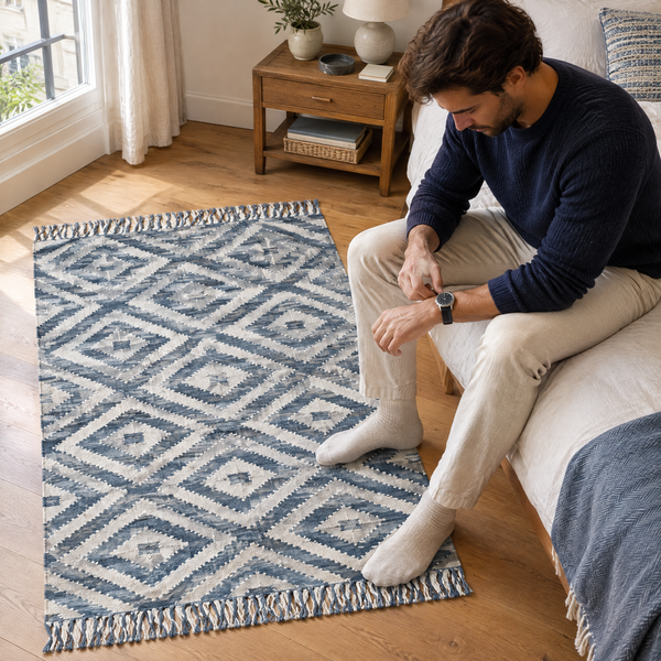 Tapis salon Cotignac bleu en coton recyclé
