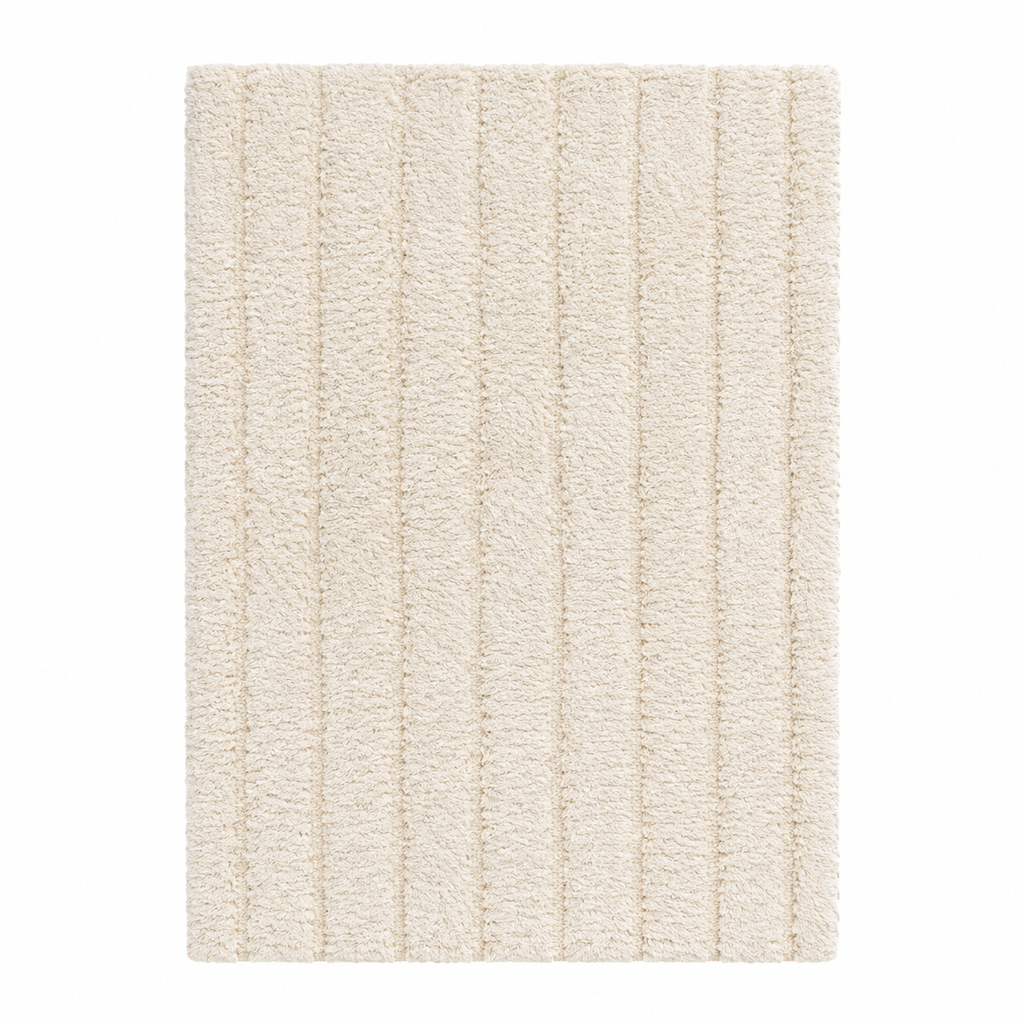 Tapis salon Ventoux neige en polyester recyclé, vue de dessus sur fond blanc